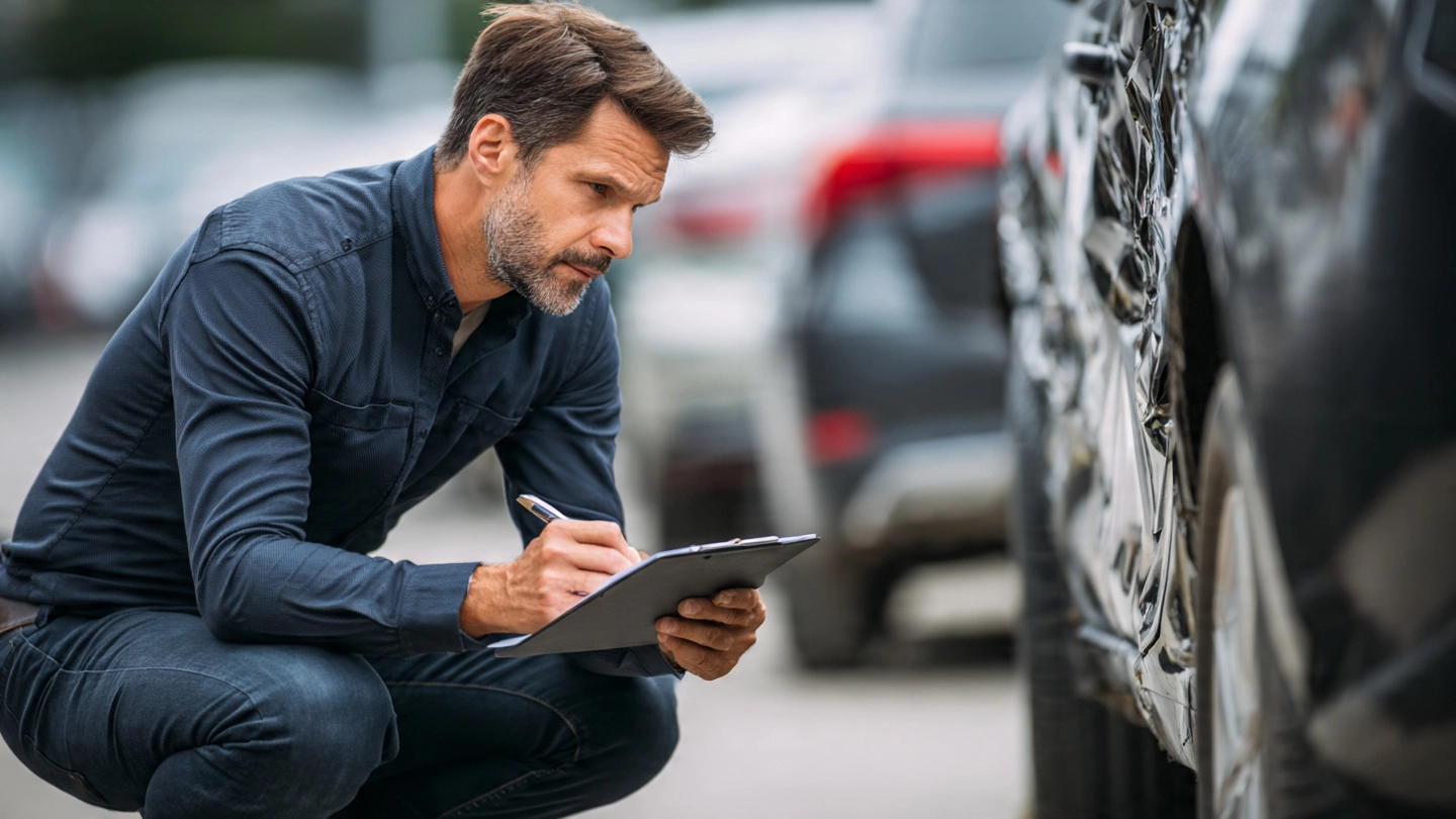 Specialistas apžiūri daužtą automobilį ir vertina žalą
